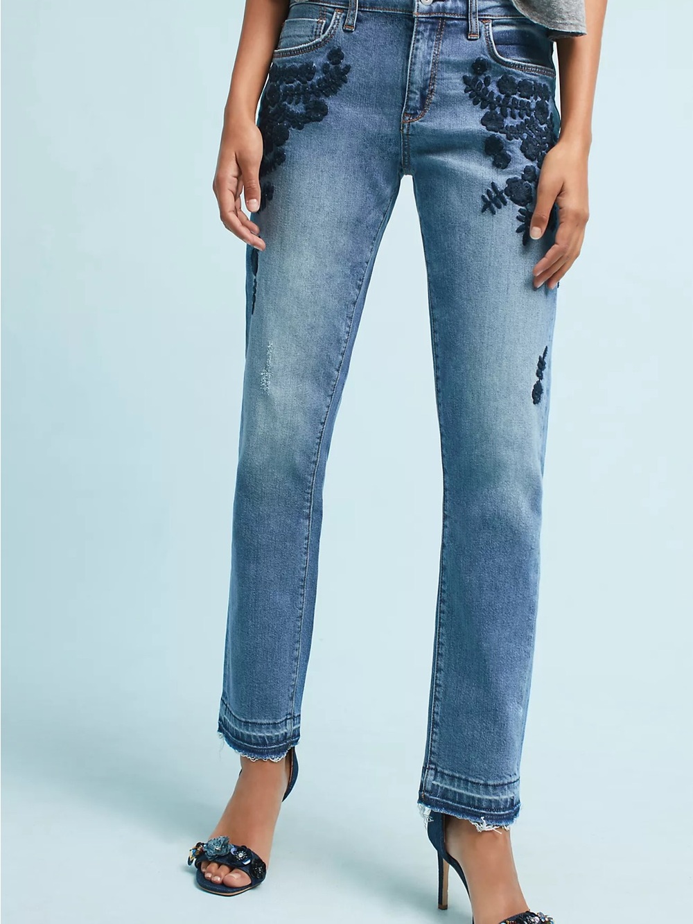 #362- Pilcro Light Blue Mid-Rise Slim Boyfriend Jean with Navy Embroidery